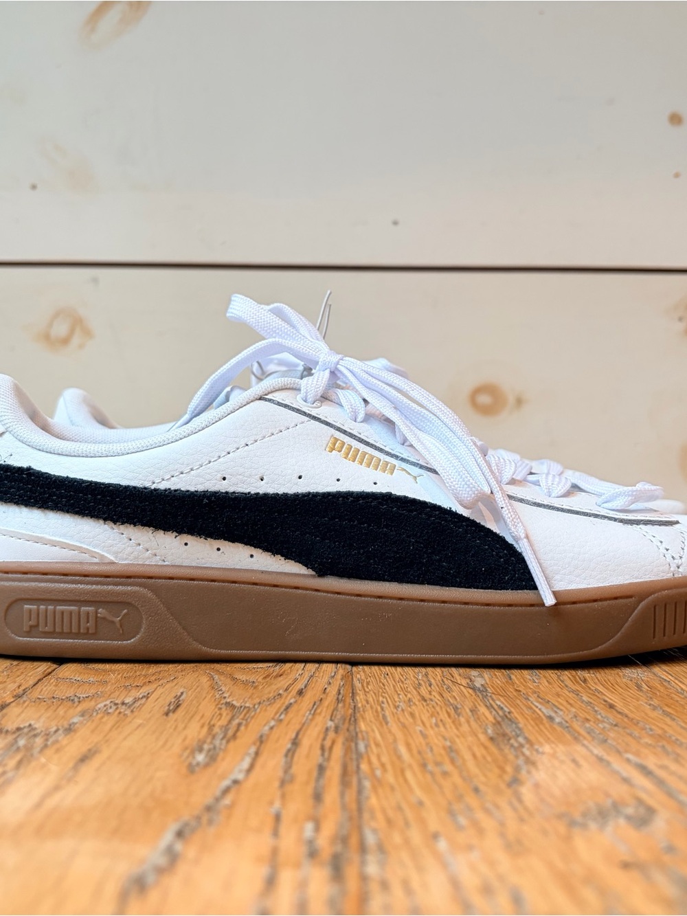 Puma White Leather Sneakers with Black Suede Stripe and Gum Sole